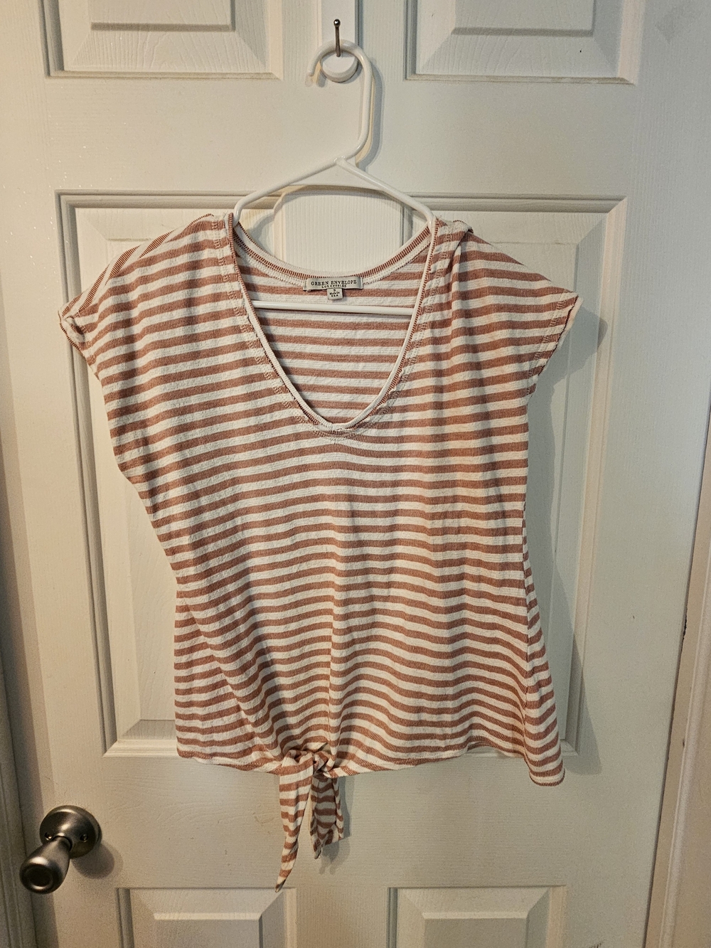 Green Envelope Cream & Pink Striped V-Neck Tank with Front Tie